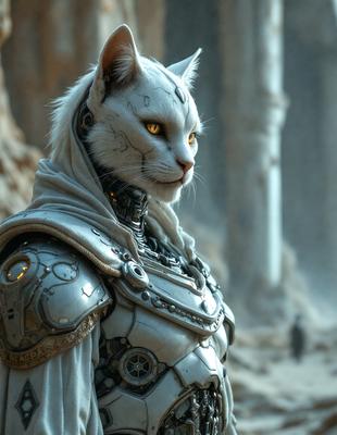 Primary subject: A white cat with yellow eyes, wearing a futuristic outfit and standing in front of a stone wall.

Setting/background: The cat is standing in front of a stone wall, which is part of a stone building. The environment appears to be a mix of natural and man-made elements.

Visual style: The image is a digital artwork, featuring a futuristic outfit on the cat and a detailed stone wall.

Colors and mood: The image has a futur